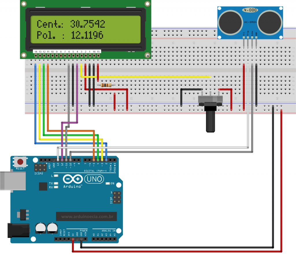 Circuito Arduino Uno e sensor ultrassônico HC-SR04