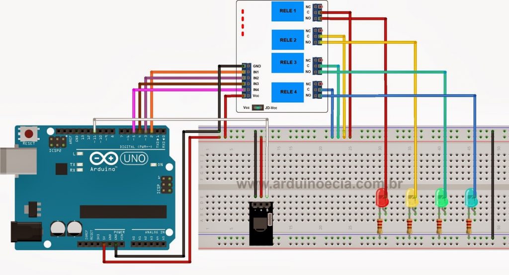 Circuito modulo rele 4 canais e controle remoto IR