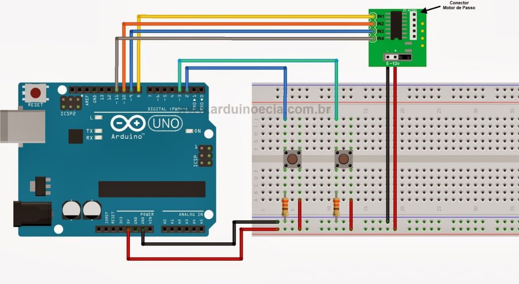 Circuito motor de passo 28BYJ-48 e ULN2003