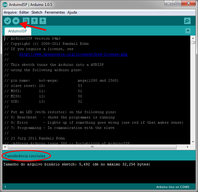 Carregando sketch ArduinoISP no Arduino Uno