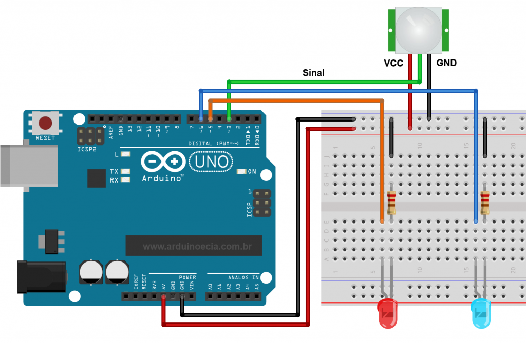 Circuito sensor de presença PIR Arduino Uno