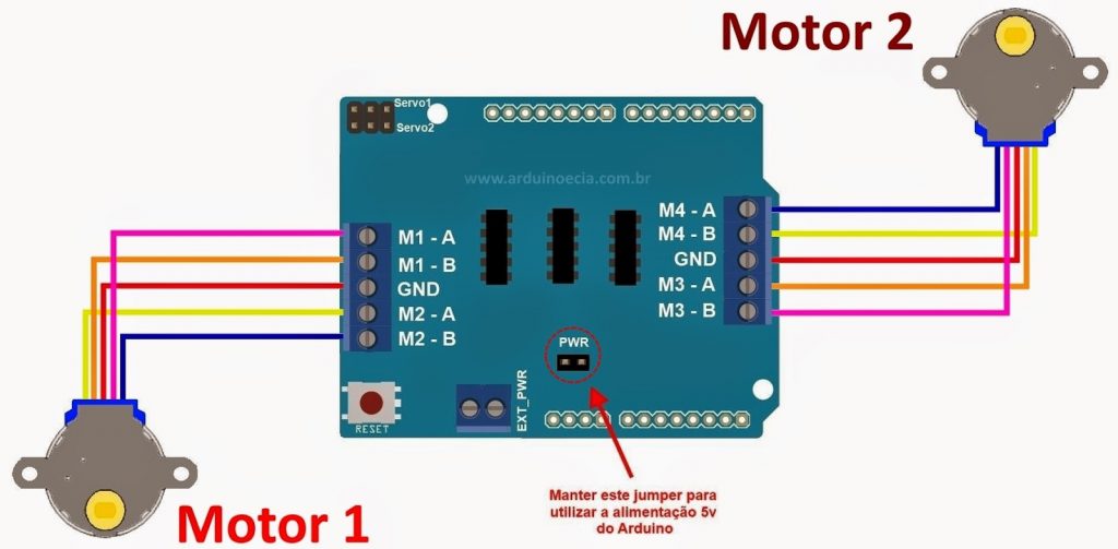 Circuito Arduino Motor de passo 28BYJ-48 e Motor Shield