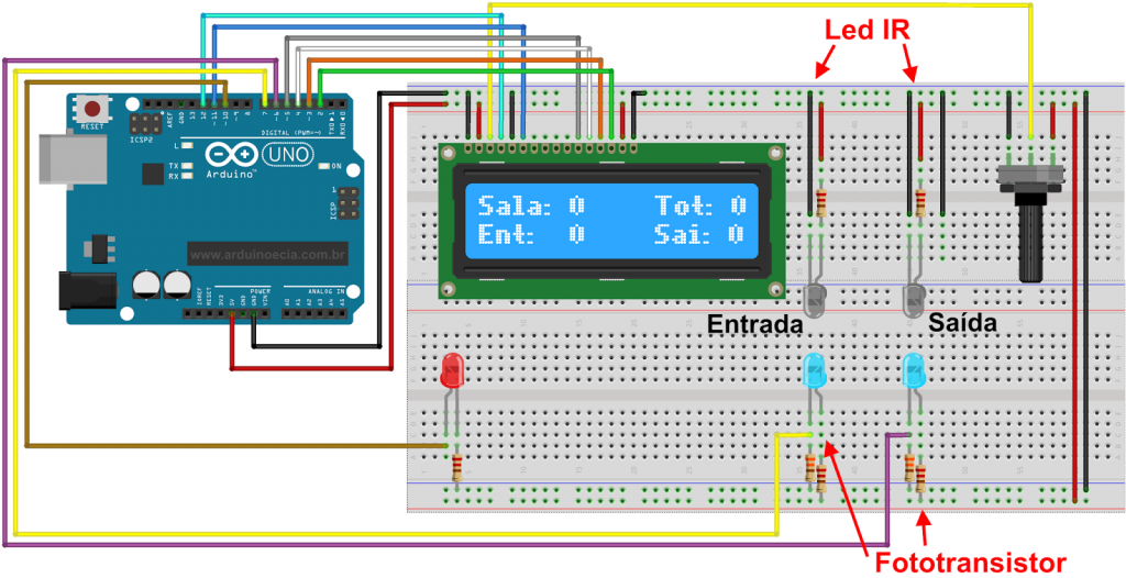 Circuito contador de visitantes com Arduino Uno Led IR e Fototransistor