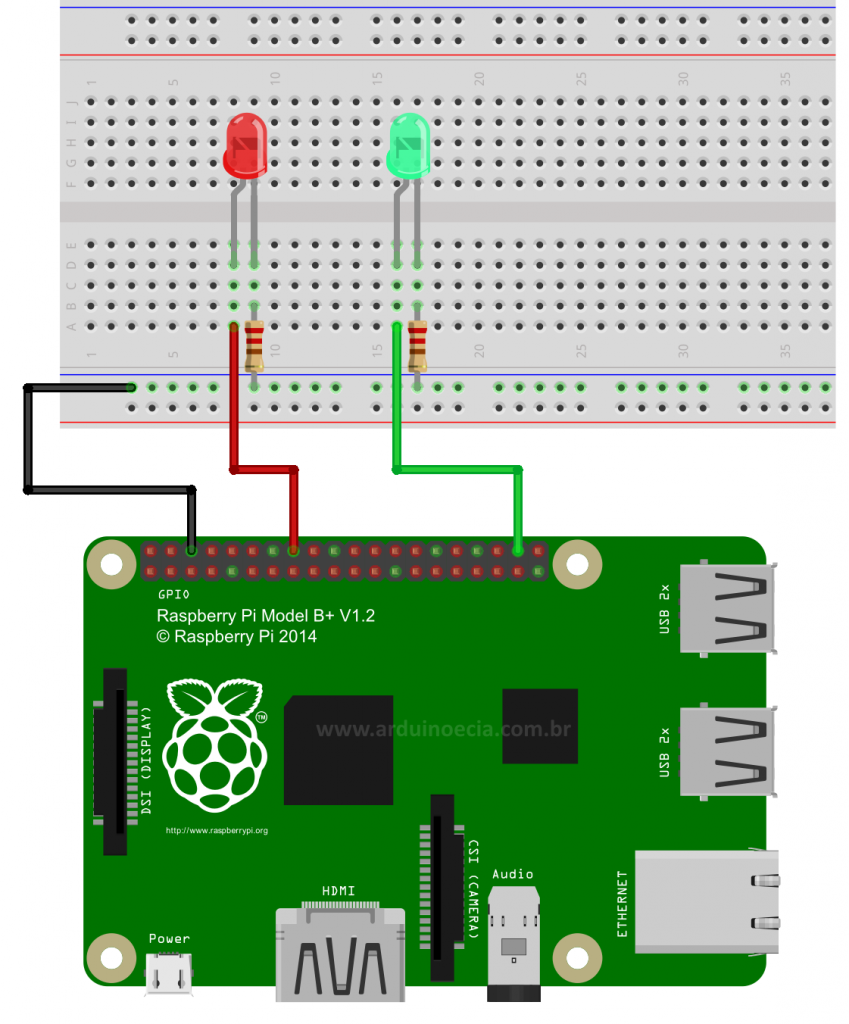 Circuito Raspberry Pi B+ e leds