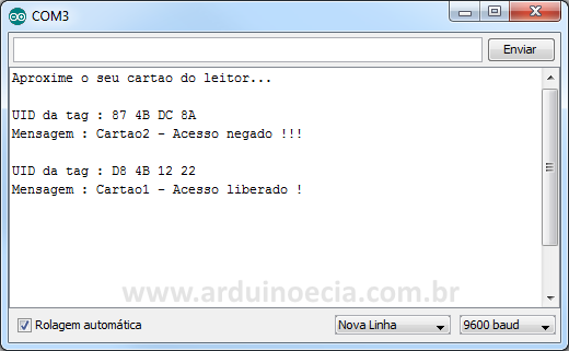 Serial monitor RFID - Dados do controle de acesso