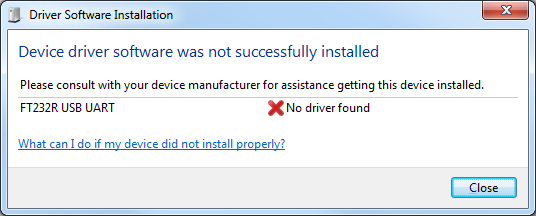 Erro instalação driver FT232R USB UART