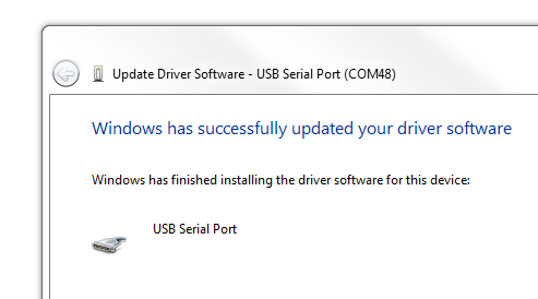 Driver USB Serial Port instalado com sucesso