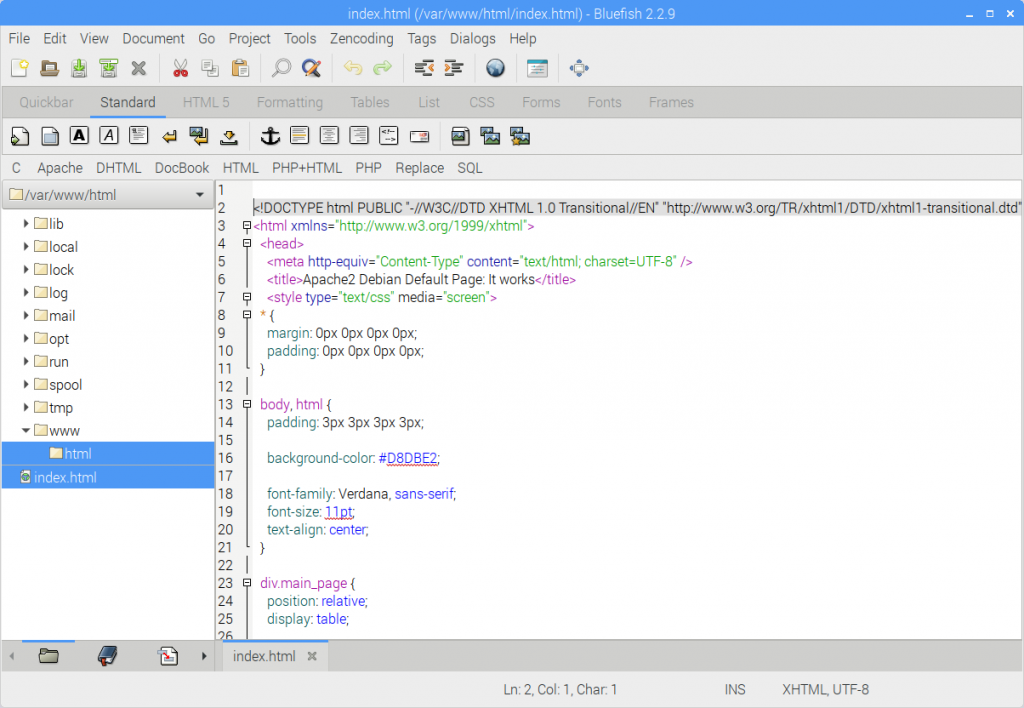 Editando index.html com Bluefish Editor Apache Web Server