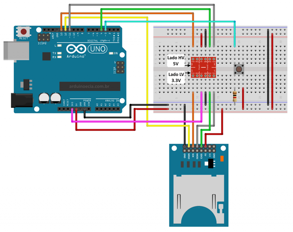 Circuito Arduino Uno e modulo cartão SD