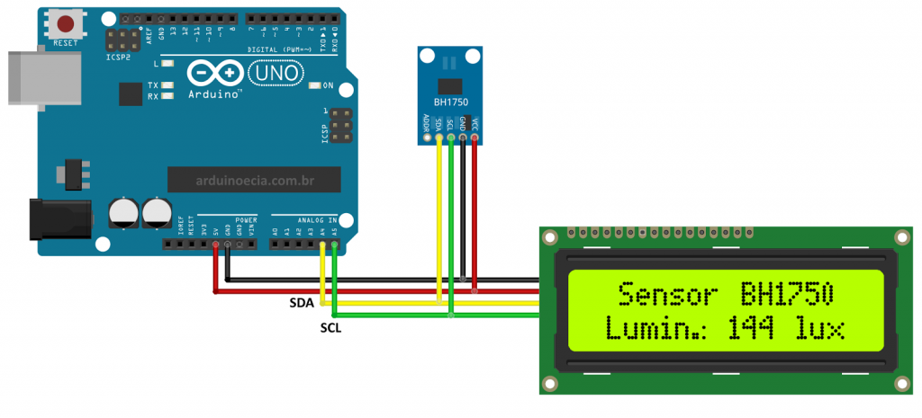 Circuito Arduino e Sensor de lux BH1750