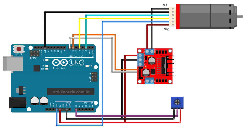 Circuito Arduino Uno Motor DC com Encoder e Ponte H L298N