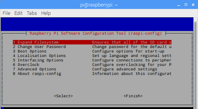 Tela Principal Raspi-config