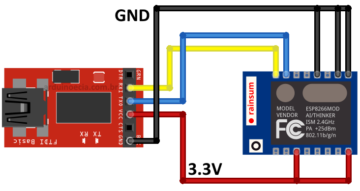 Circuito ESP-07 e conversor FTDI para upgrade de firmware