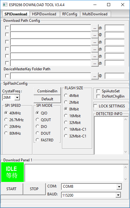 Tela inicial ESP8266 Download Tool