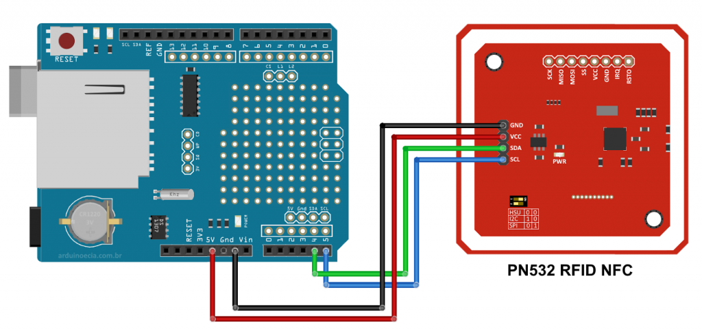 Circuito Data Logger Shield e módulo leitor RFID PN532