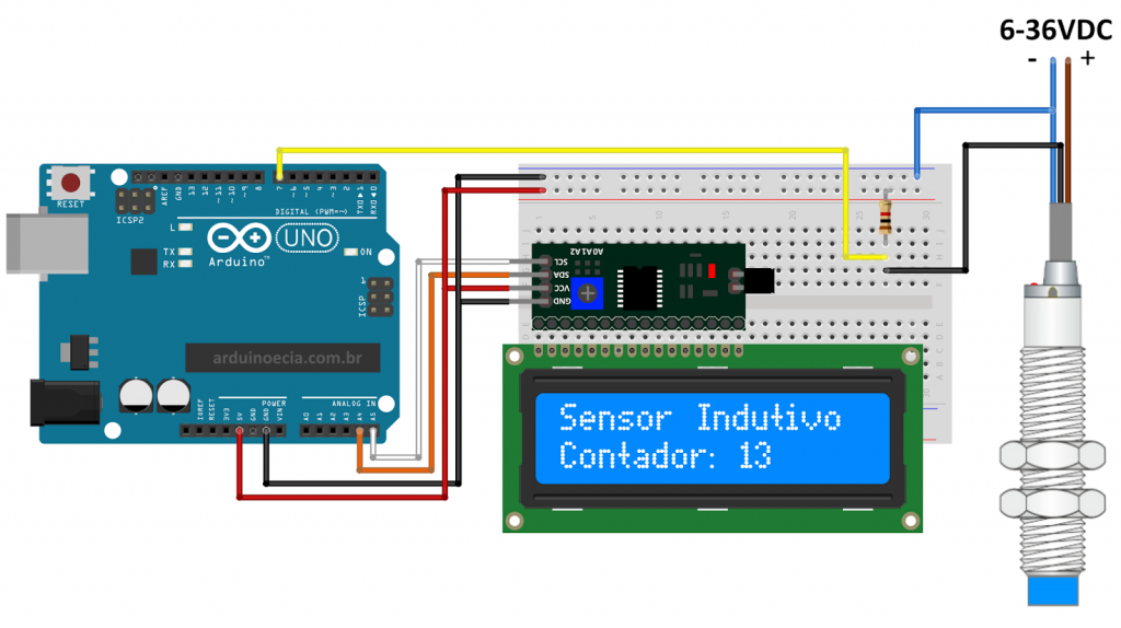 Circuito Arduino Uno Sensor Indutivo e display LCD 16x2 I2C