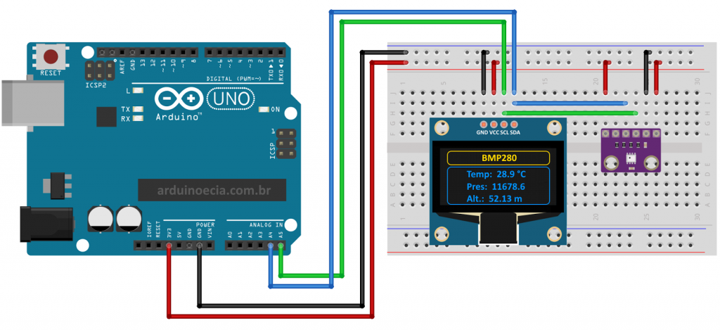 Circuito Arduino Uno BMP280 e Display OLED