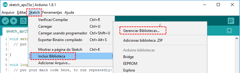 IDE Arduino - Gerenciar Bibliotecas