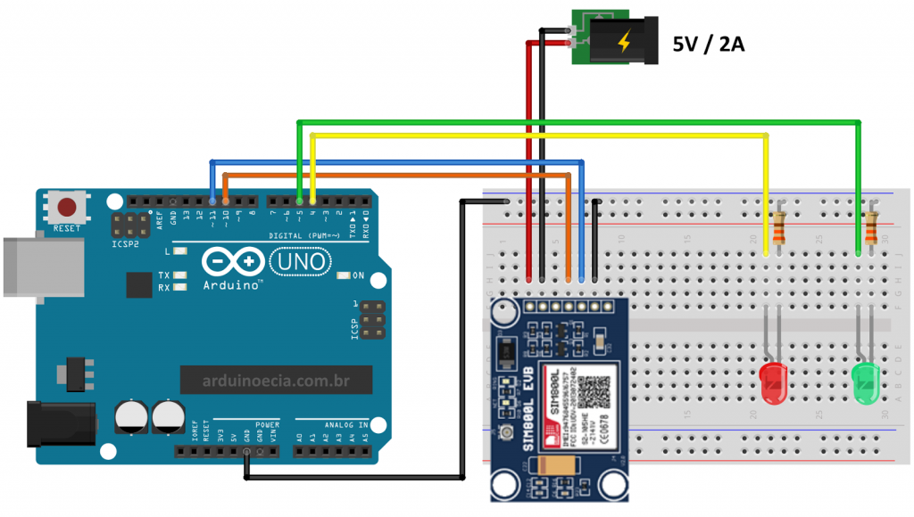 Circuito Arduino Uno e Módulo GSM SIM800L