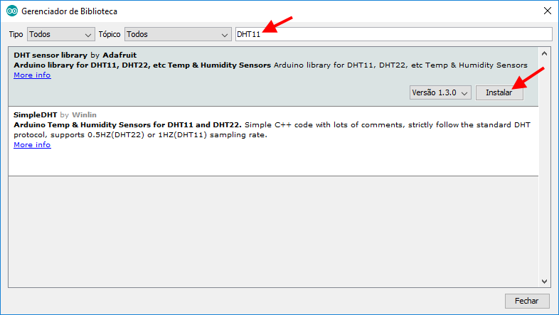 Instalação biblioteca DHT11
