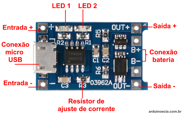 Módulo carregador de bateria de lítio TP4056