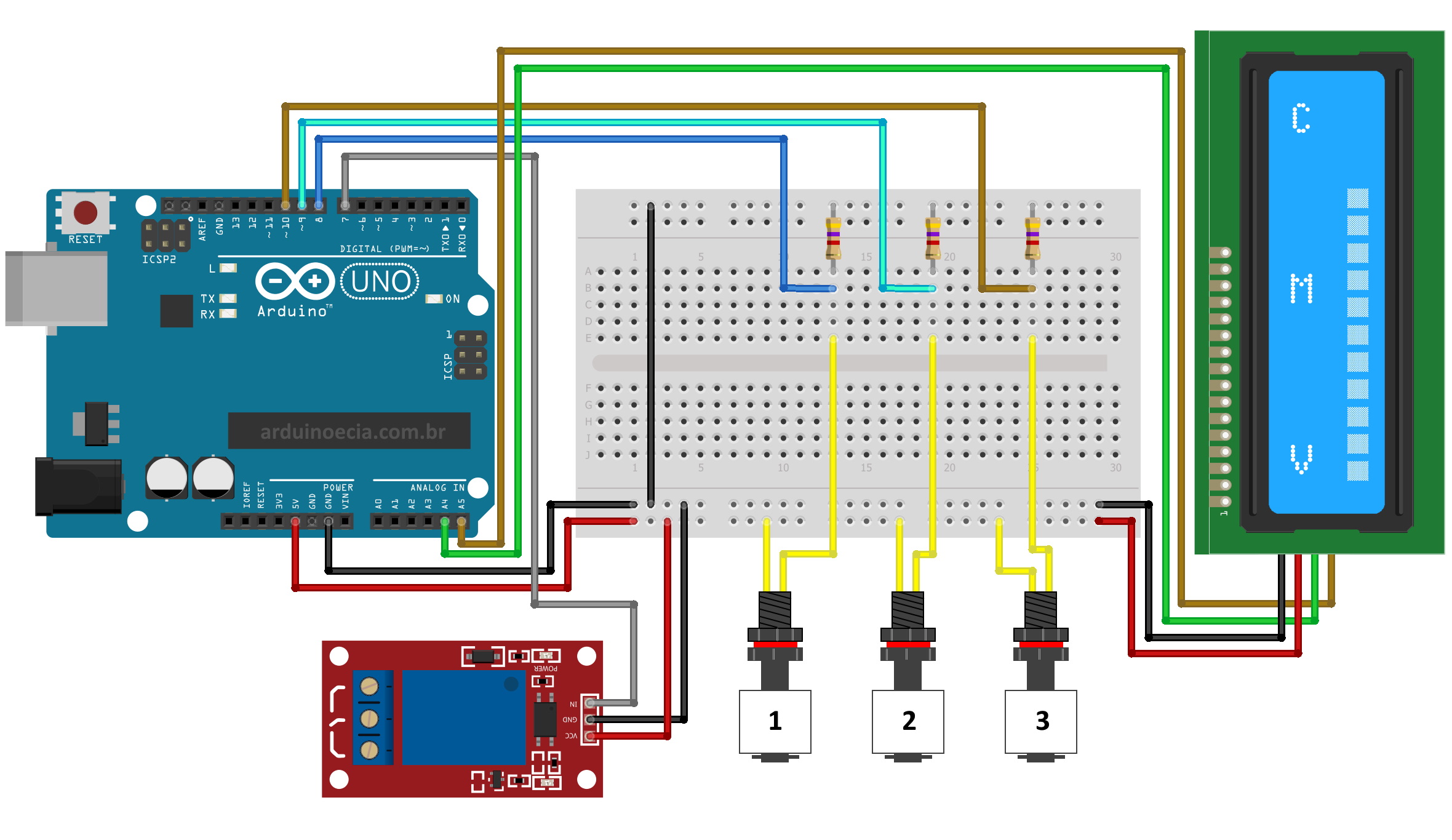 Circuito Arduino com rele e sensor de nivel de água