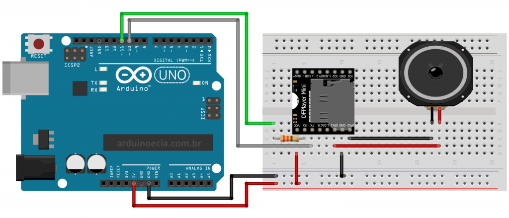 Circuito Arduino e Módulo MP3 DFPlayer Mini