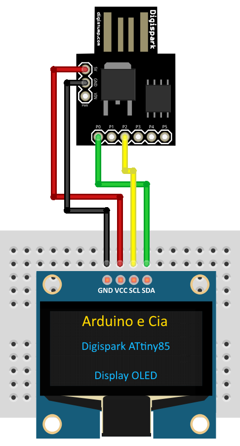 Circuito Digispark ATtiny85 e Display OLED I2C