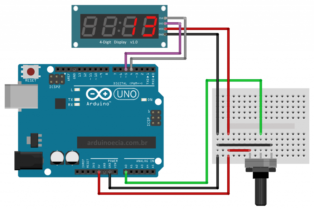 Circuito Arduino e Módulo TM1637 display 7 segmentos 4 digitos