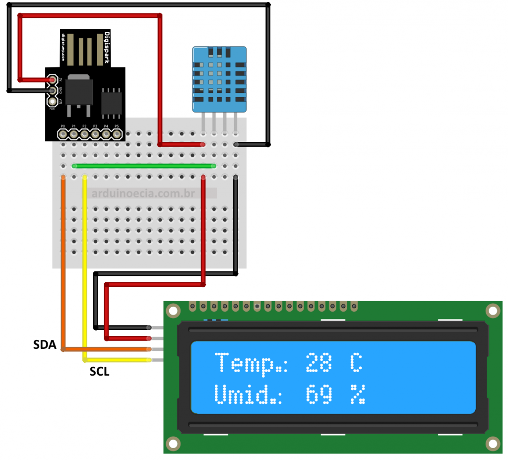 Circuito Digispark ATtiny85 DHT11 e LCD 16x2 I2C