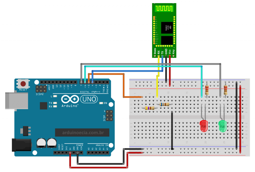 Circuito Arduino Uno e HC-05 com divisor de tensão