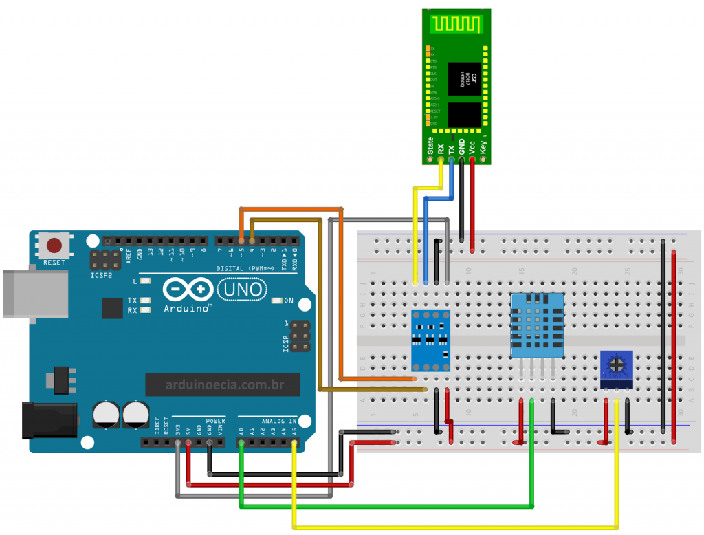 Circuito Arduino DHT11 HC05 e Potenciômetro