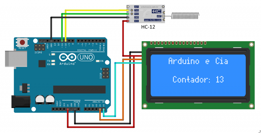 Circuito receptor/central Arduino Uno, HC-12 e display LCD