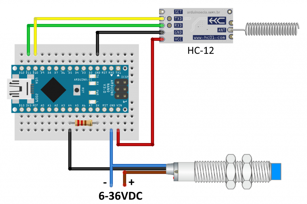 Circuito emissor com sensor indutivo, Arduino Nano e HC-12