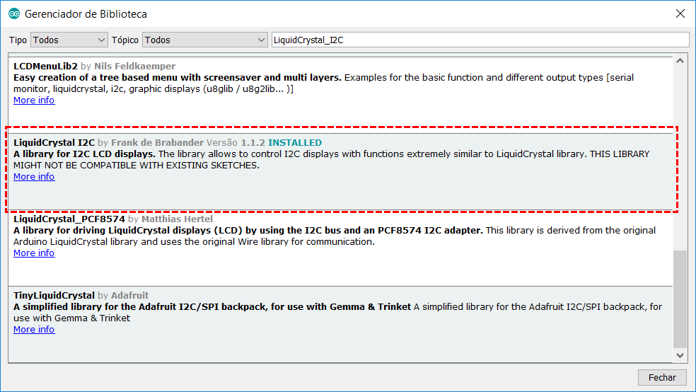 Instalação biblioteca LiquidCrystal_I2C IDE Arduino