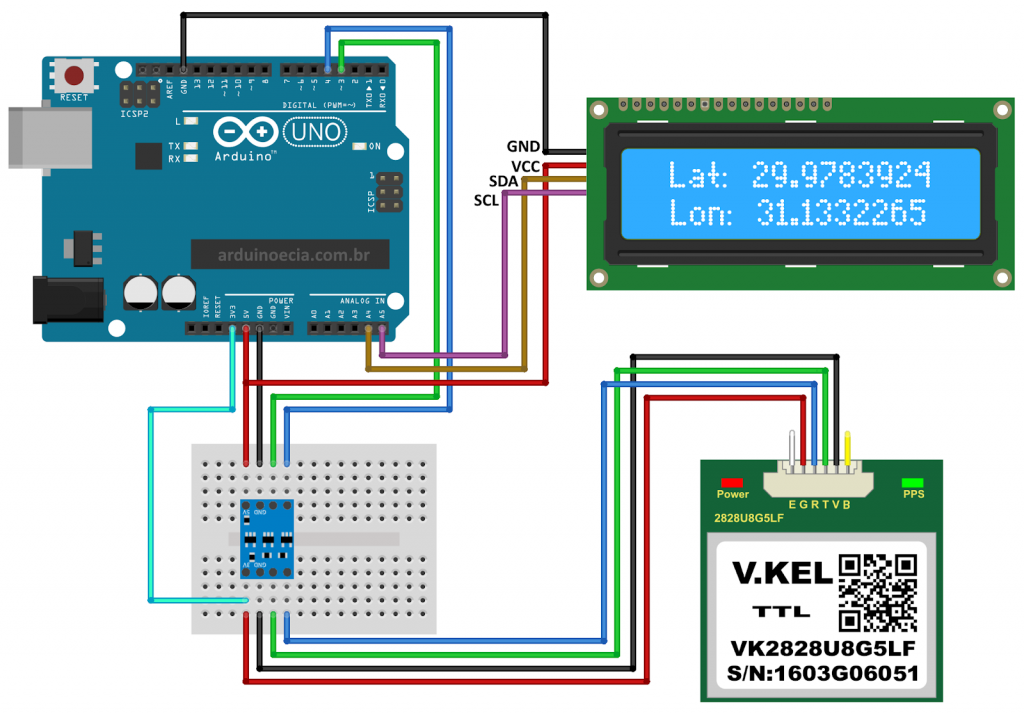 Circuito GPS Arduino e Display LCD 16x2 I2C