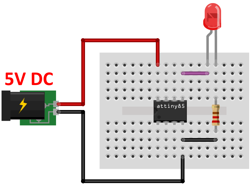 Circuito microcontrolador ATtiny85 com led blink