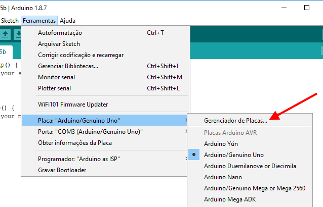 IDE Arduino - Gerenciador de Placas