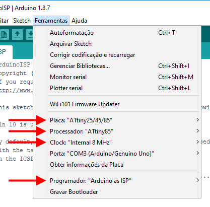 IDE Arduino - Configurações ATtiny85