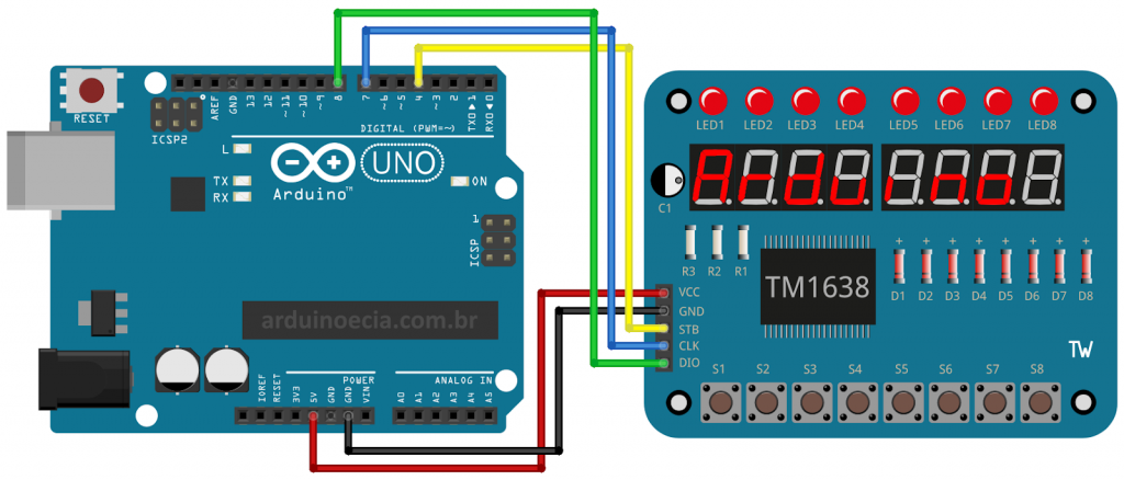 Circuito Arduino Uno e Módulo TM1638