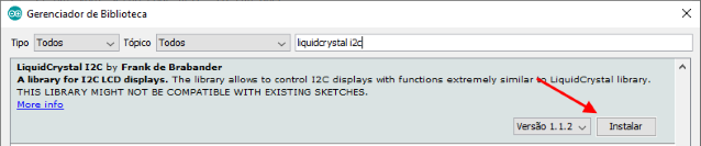 Instalação biblioteca LiquidCrystal I2C Arduino