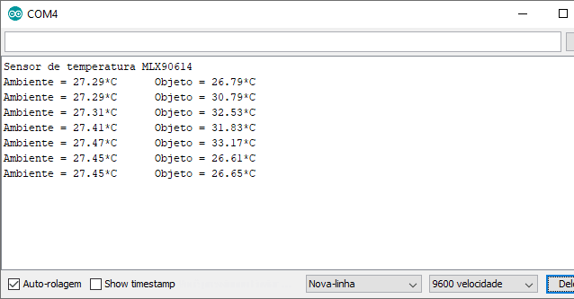 Serial monitor mostrando os dados do sensor MLX90614