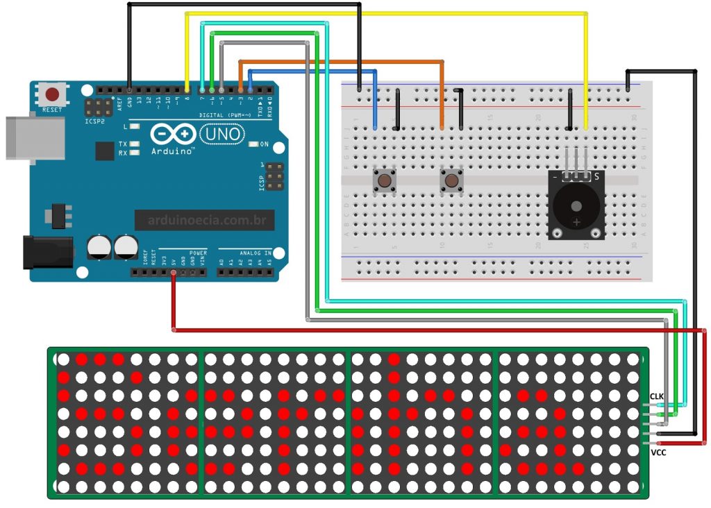 Circuito Arduino Uno e módulo display 8x8 Max7219