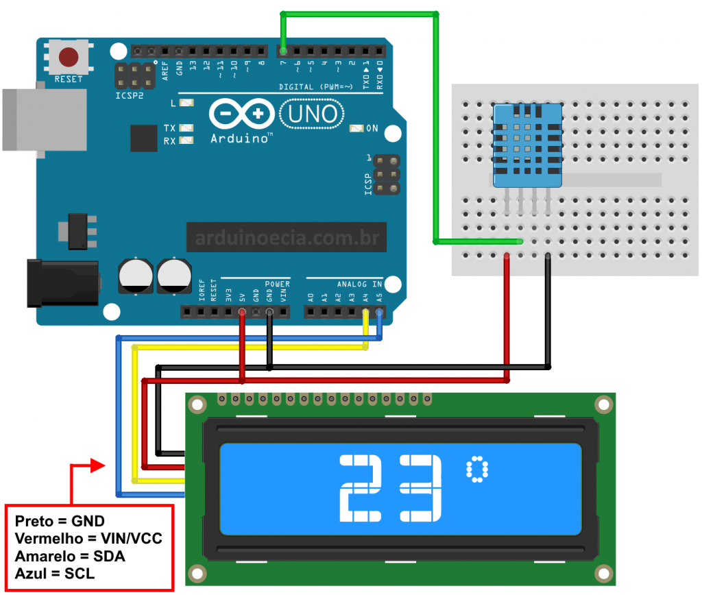 Circuito Arduino Uno com DHT11 e display LCD 16x2 I2C