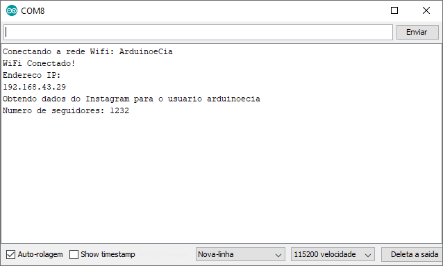 Serial Monitor contador de seguidores do Instagram ESP32