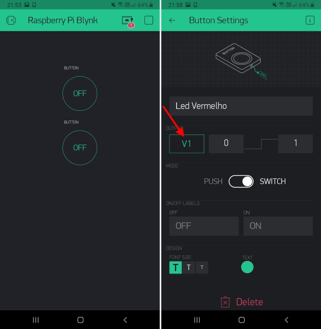 Tela 4 Blynk - Configurando botões