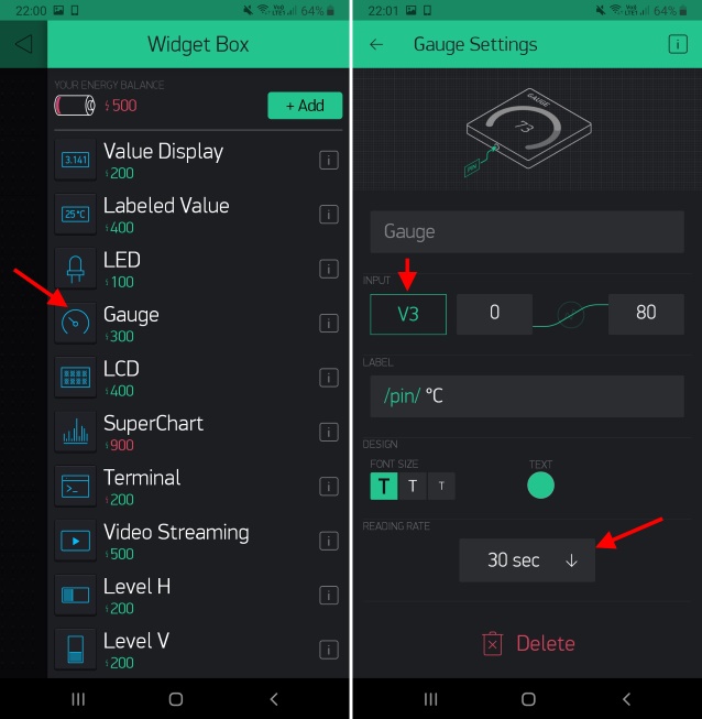 Tela 5 Blynk - Configurando mostrador gauge