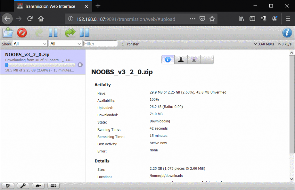 Torrente com Raspberry Pi -Transmission em funcionamento