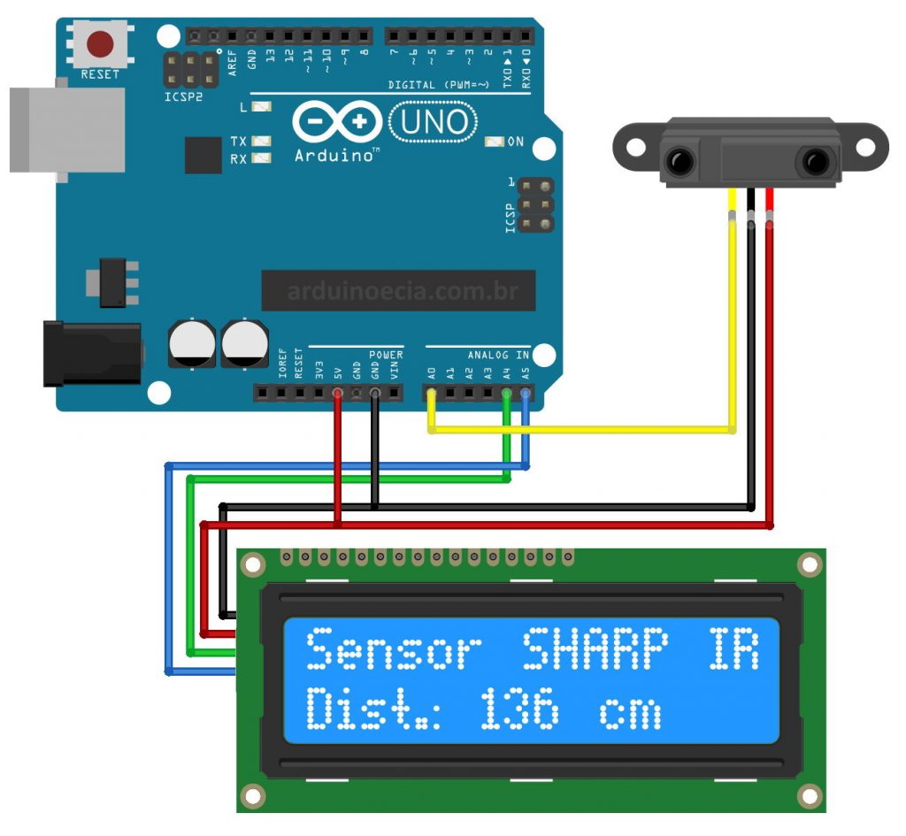 Circuito Arduino Uno e Sensor GP2Y0A02Y