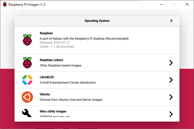 Selecionando o sistema operacional Raspbian